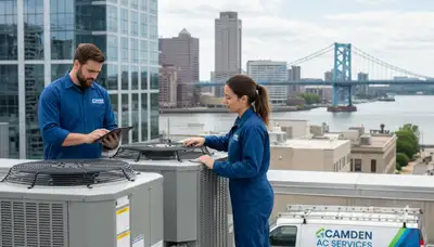 Professional AC repair technician servicing air conditioner unit in Philadelphia PA