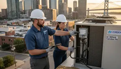 Professional AC repair technician servicing air conditioner in Philadelphia PA home