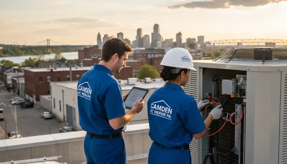 HVAC technician performing AC repair service in Philadelphia PA for residential cooling system