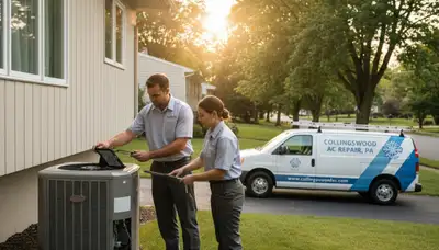 Professional AC repair technician servicing air conditioner unit in Philadelphia PA home