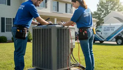 Professional AC repair technician servicing air conditioner unit in Philadelphia PA home