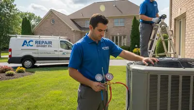 Professional AC repair technician servicing air conditioner in Philadelphia PA home