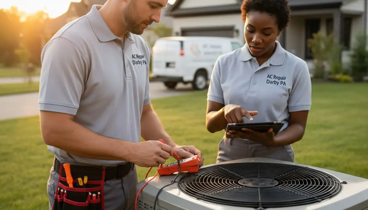 Professional AC repair technician servicing air conditioner in Philadelphia PA home