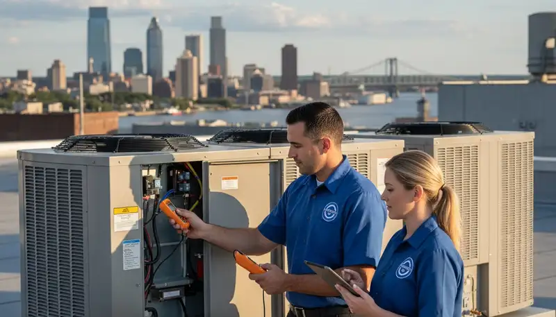 Professional AC repair technician servicing air conditioner in Philadelphia PA home