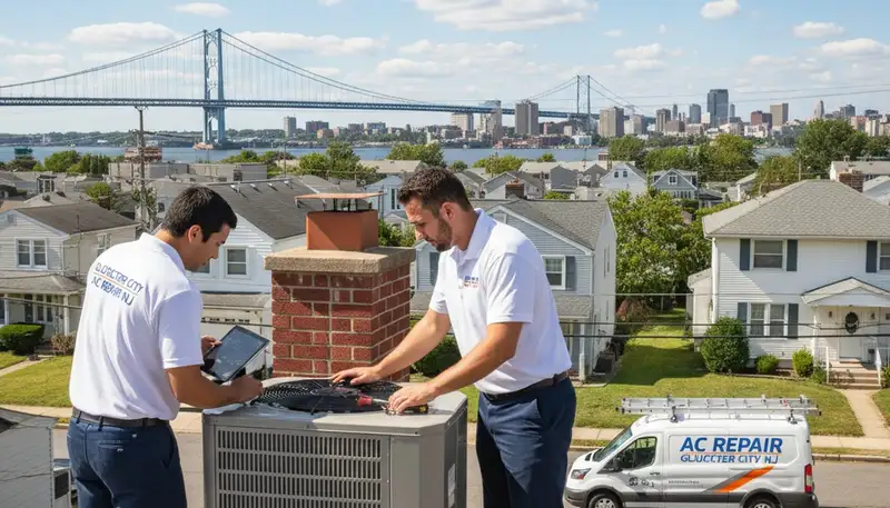 Professional AC repair technician servicing air conditioner in Philadelphia, PA home