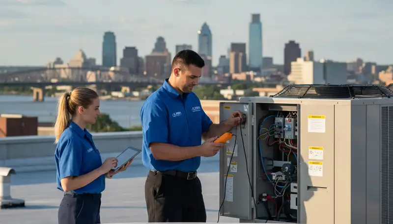 Professional AC repair technician servicing air conditioner unit in Philadelphia, PA