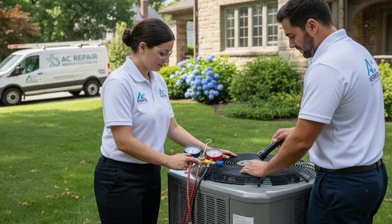 Professional AC repair technician servicing air conditioner in Philadelphia PA home