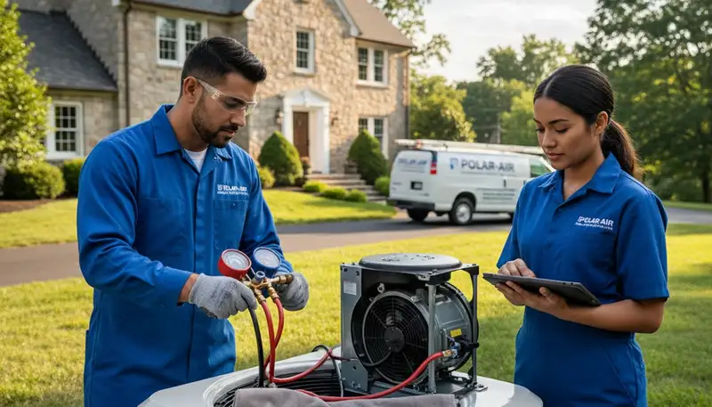 Professional AC repair technician servicing air conditioner unit in Philadelphia PA home