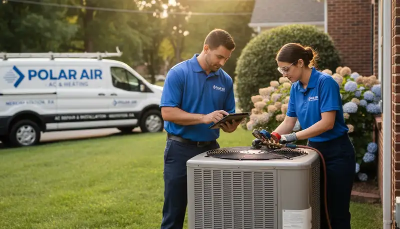 Professional AC repair technician servicing air conditioner unit in Philadelphia, PA home