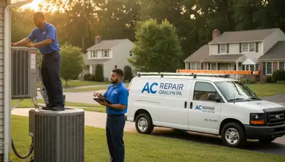 Professional AC repair technician servicing air conditioner in Philadelphia PA home