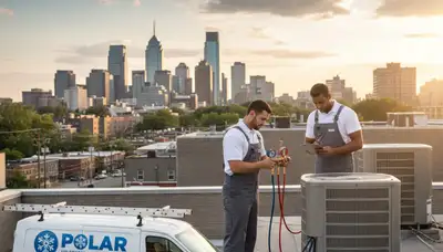 Professional AC repair technician servicing air conditioning unit in Philadelphia PA