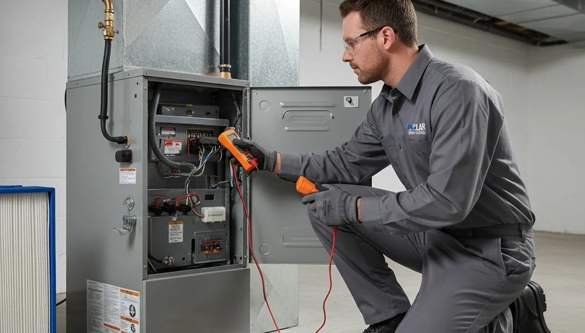 Technician performing furnace repair in Philadelphia, PA home for Five Star Cooling heating service