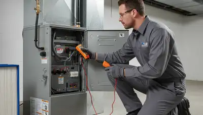 Technician performing furnace repair in Philadelphia, PA home for Five Star Cooling heating service