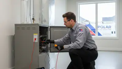 Technician performing furnace repair in Philadelphia PA home for Five Star Cooling heating service