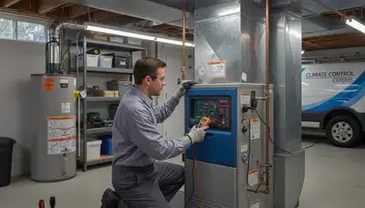 Technician performing heating repair on furnace in Philadelphia, PA home