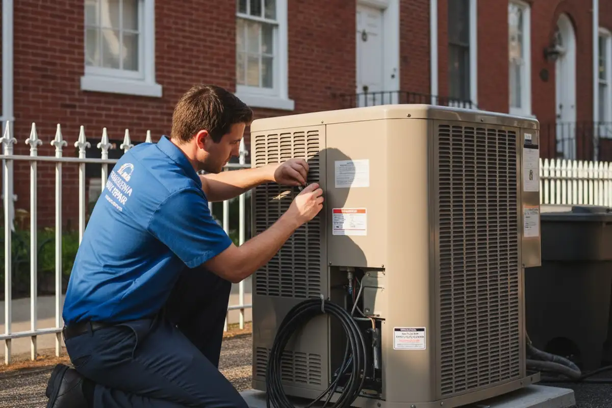 Technician completing final AC repair touches at Philadelphia, PA home for reliable cooling service