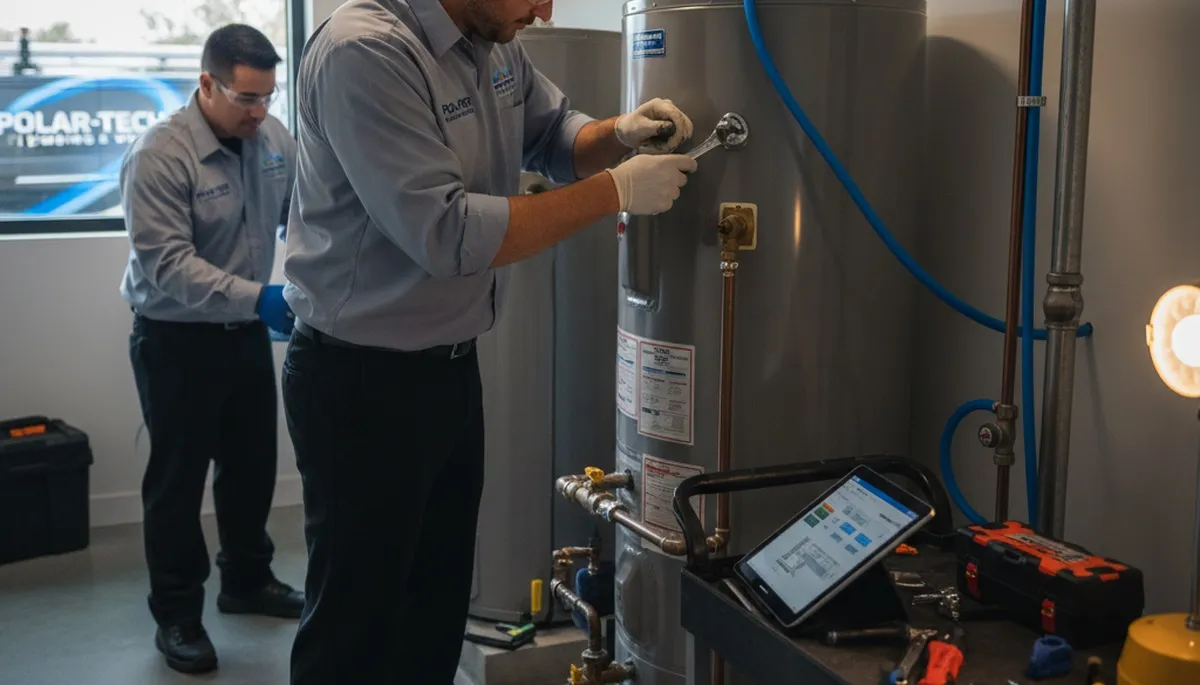 Technician repairing residential water heater system in Philadelphia PA for Five Star Cooling
