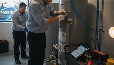 Technician repairing residential water heater system in Philadelphia PA for Five Star Cooling